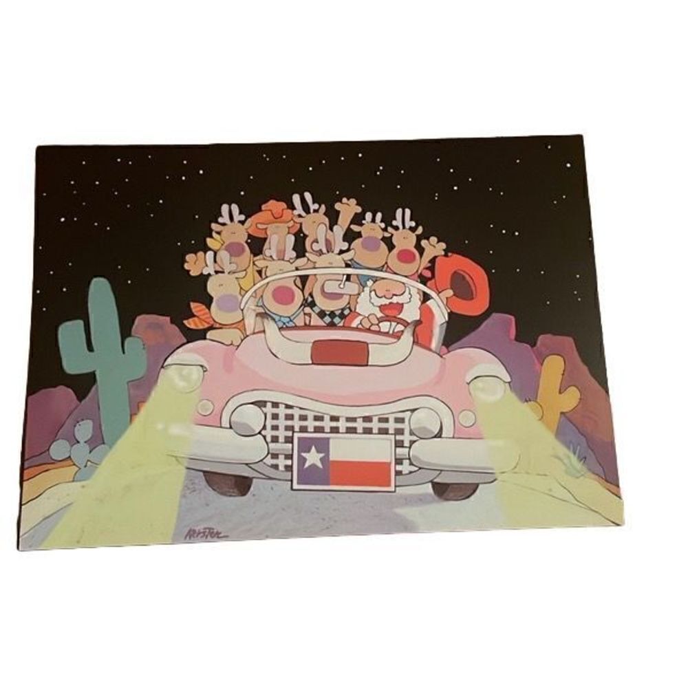 Vintage 1996 Texas Santa and Reindeer Texas Longhorn Cadillac Christmas Card